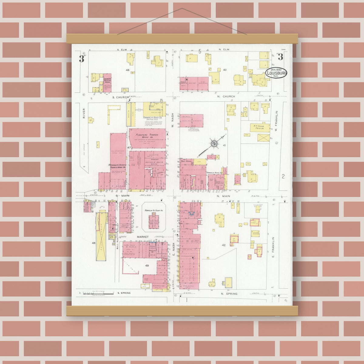 Old map wall art mockup — magnetic wood frame on brick wall — Sanborn Fire Insurance Map from Louisburg, Franklin County, North Carolina (1930), Sheet #0003