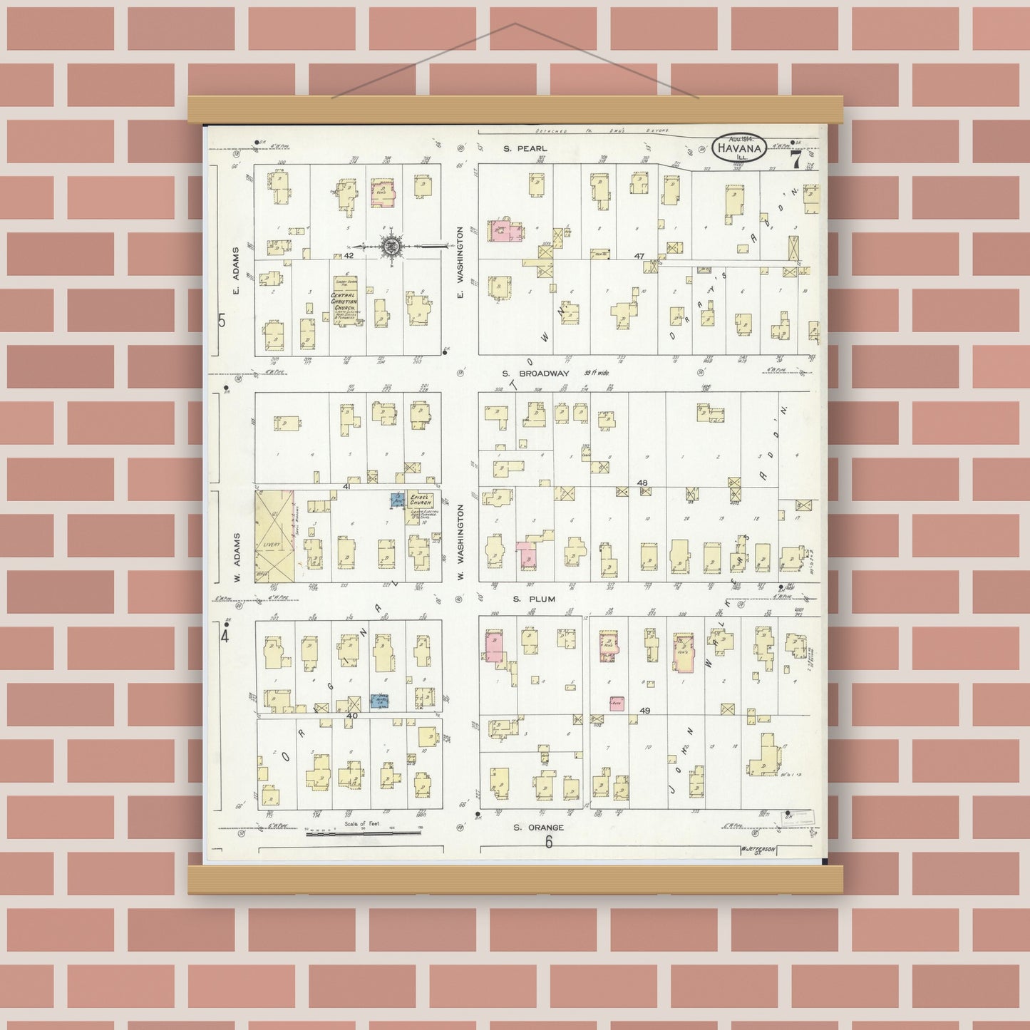 Old map wall art mockup — magnetic wood frame on brick wall — Sanborn Fire Insurance Map from Havana, Mason County, Illinois (1914), Sheet #0007
