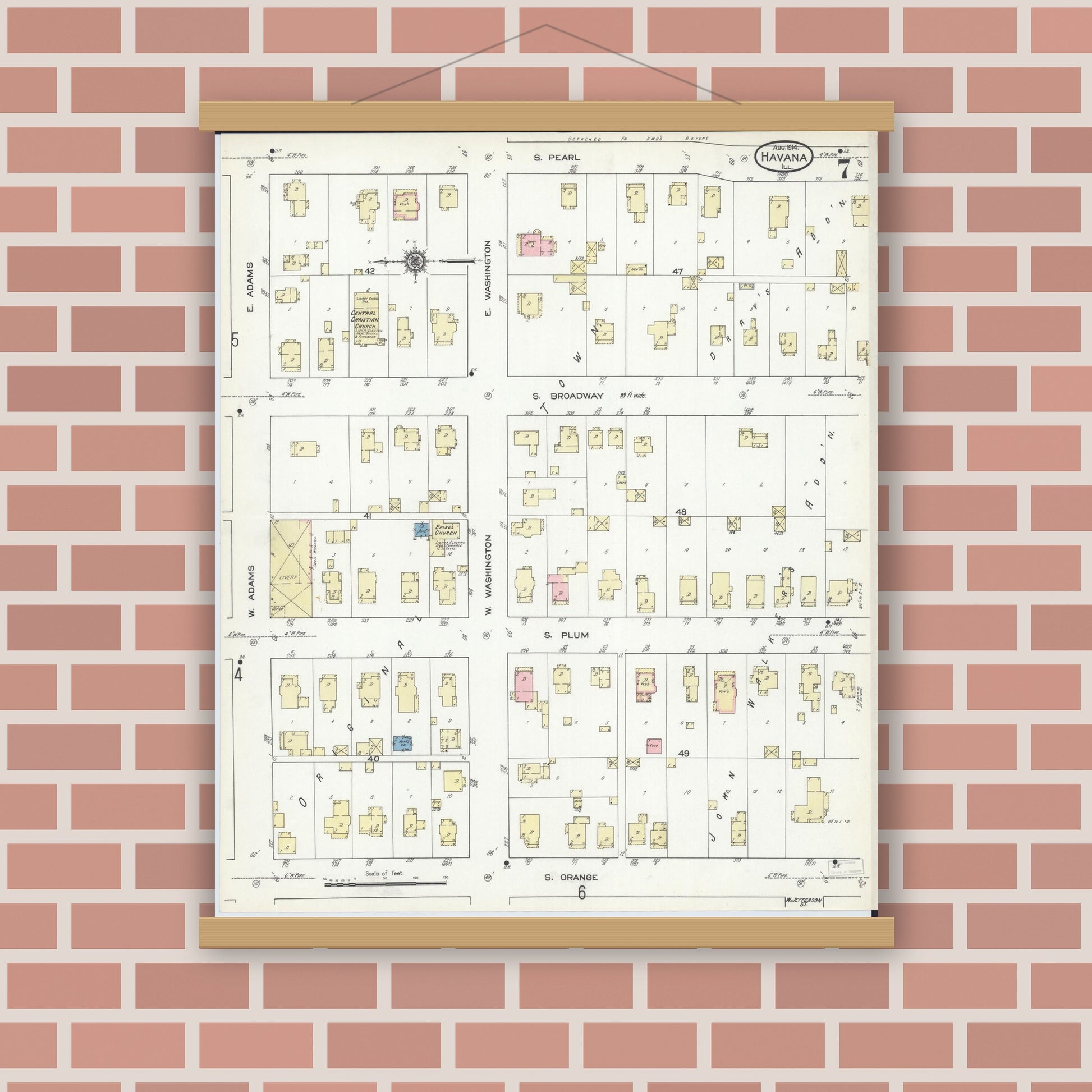 Old map wall art mockup — magnetic wood frame on brick wall — Sanborn Fire Insurance Map from Havana, Mason County, Illinois (1914), Sheet #0007