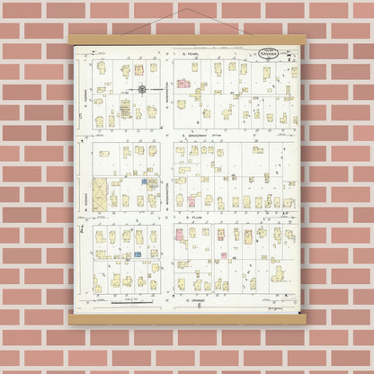 Old map wall art mockup — magnetic wood frame on brick wall — Sanborn Fire Insurance Map from Havana, Mason County, Illinois (1914), Sheet #0007