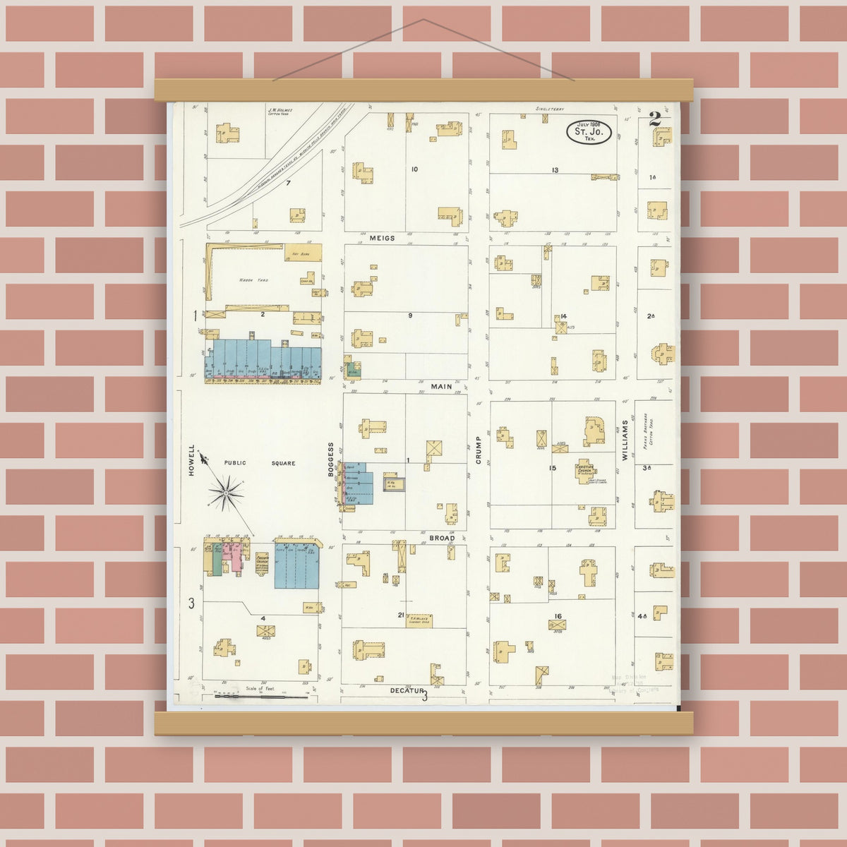 Old map wall art mockup — magnetic wood frame on brick wall — Sanborn Fire Insurance Map from Saint Jo, Montague County, Texas (1908), Sheet #0002