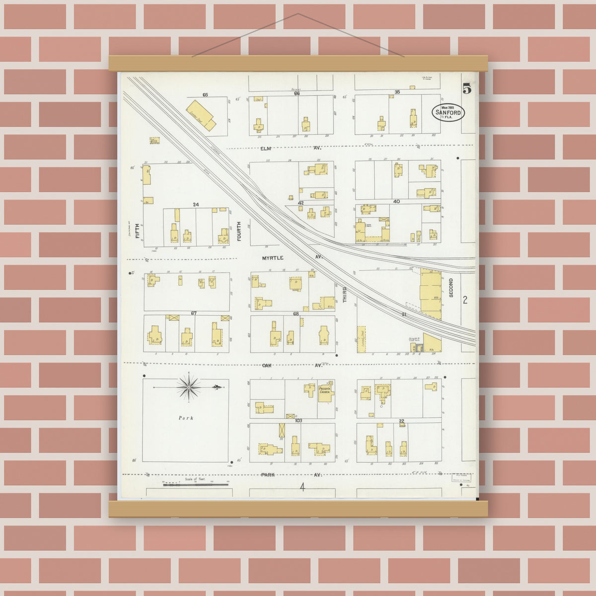 Old map wall art mockup — magnetic wood frame on brick wall — Sanborn Fire Insurance Map from Sanford, Seminole County, Florida (1901), Sheet #0005