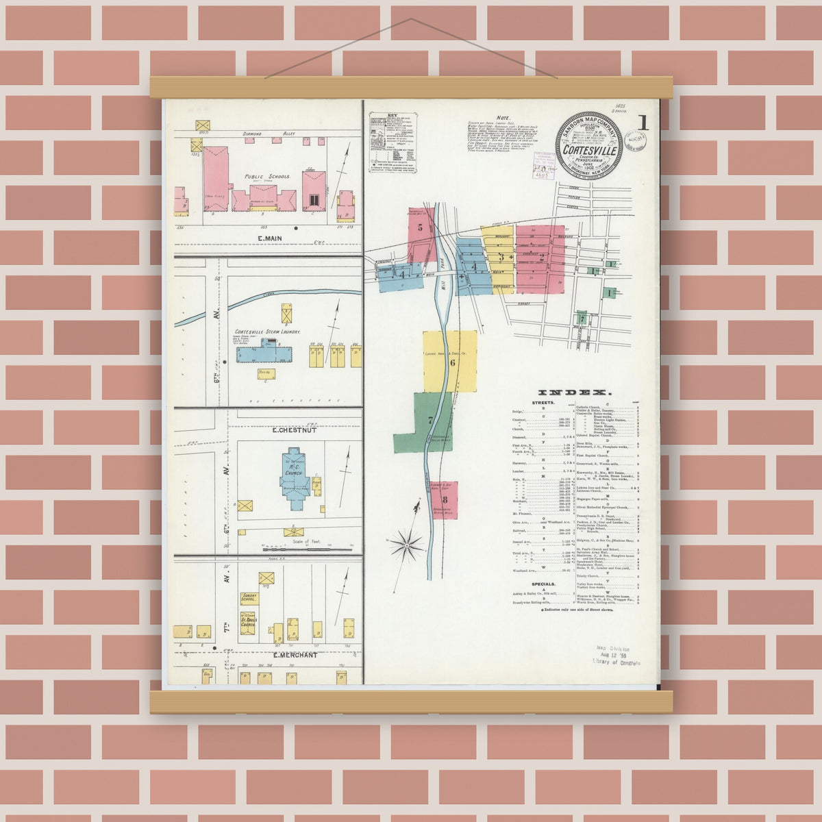 Old map wall art mockup — magnetic wood frame on brick wall — Sanborn Fire Insurance Map from Coatesville, Chester County, Pennsylvania (1902) - Complete Map Set