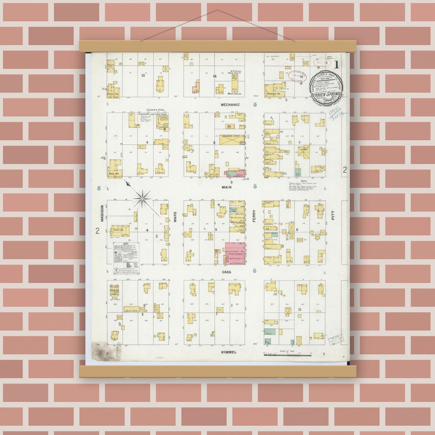 Old map wall art mockup — magnetic wood frame on brick wall — Sanborn Fire Insurance Map from Berrien Springs, Berrien, Michigan (1899) - Complete Map Set