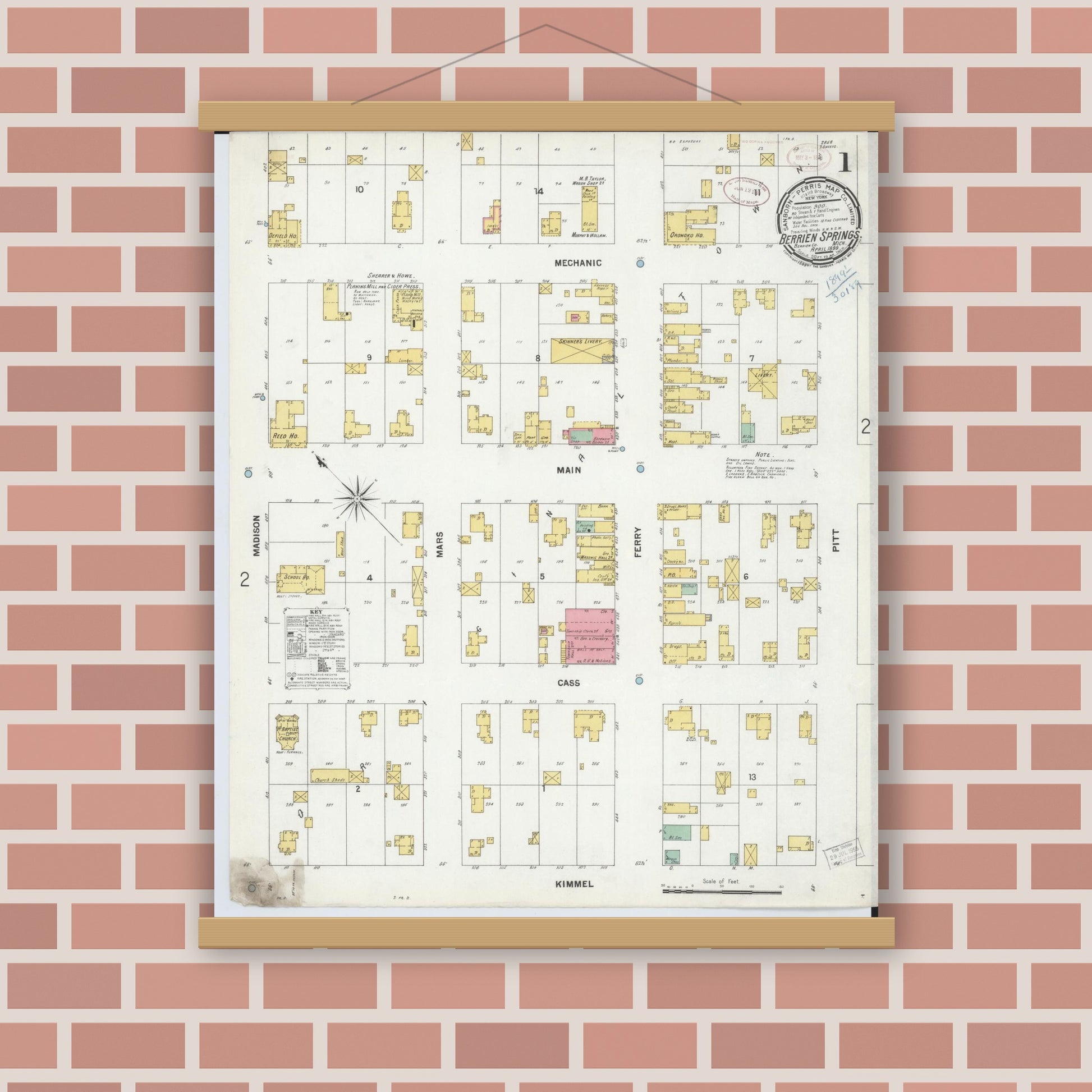 Old map wall art mockup — magnetic wood frame on brick wall — Sanborn Fire Insurance Map from Berrien Springs, Berrien, Michigan (1899) - Complete Map Set