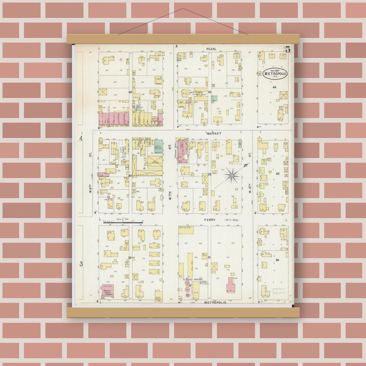 Old map wall art mockup — magnetic wood frame on brick wall — Sanborn Fire Insurance Map from Metropolis, Massac County, Illinois (1897), Sheet #0005