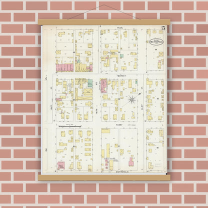 Old map wall art mockup — magnetic wood frame on brick wall — Sanborn Fire Insurance Map from Metropolis, Massac County, Illinois (1897), Sheet #0005