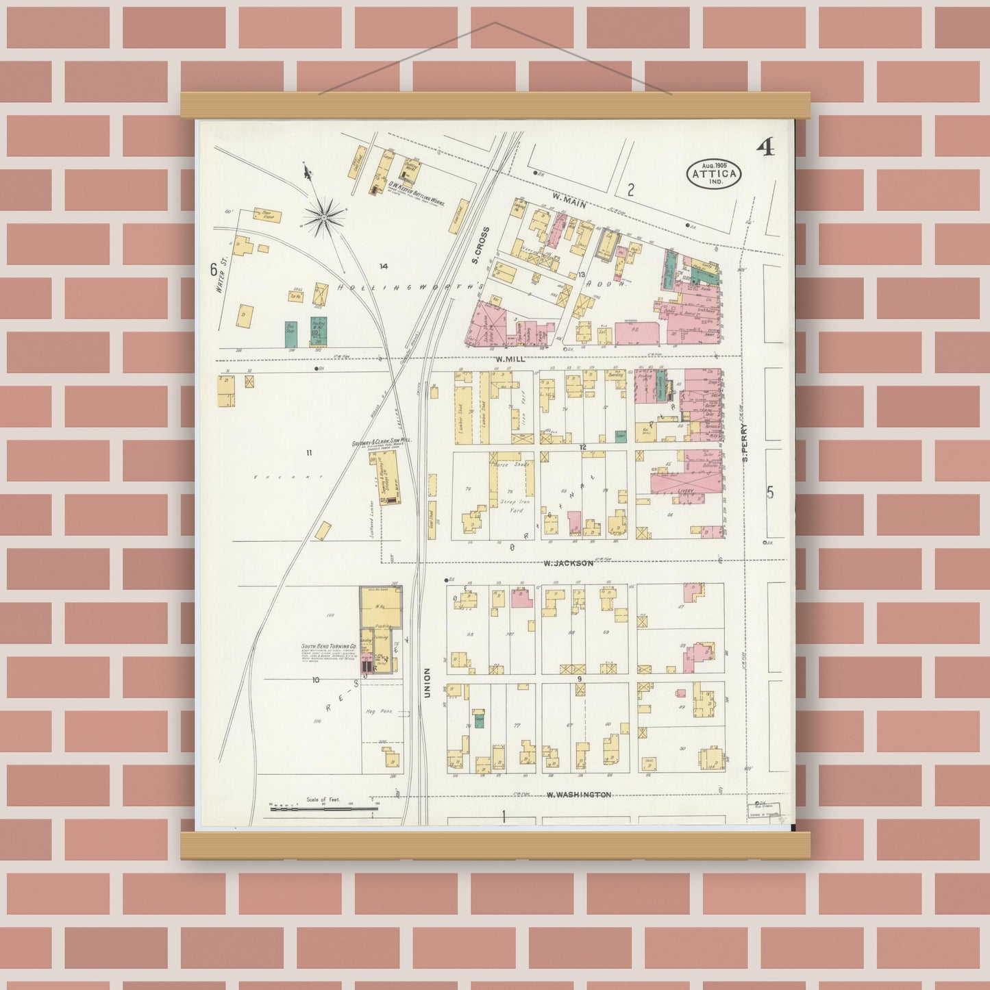 Old map wall art mockup — magnetic wood frame on brick wall — Sanborn Fire Insurance Map from Attica, Fountain County, Indiana (1905), Sheet #0004