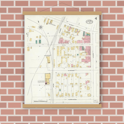 Old map wall art mockup — magnetic wood frame on brick wall — Sanborn Fire Insurance Map from Attica, Fountain County, Indiana (1905), Sheet #0004
