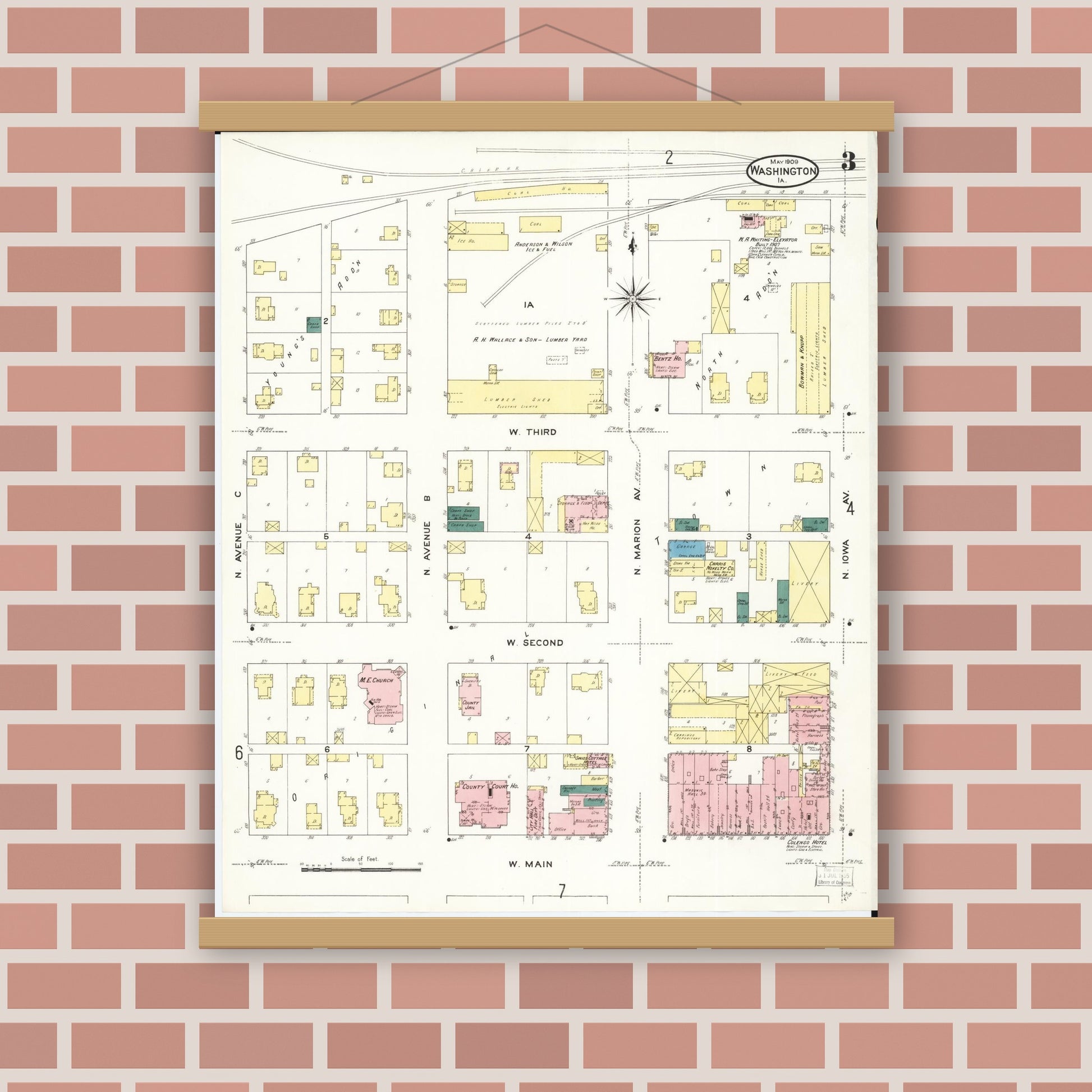 Old map wall art mockup — magnetic wood frame on brick wall — Sanborn Fire Insurance Map from Washington, Washington County, Iowa (1909), Sheet #0003