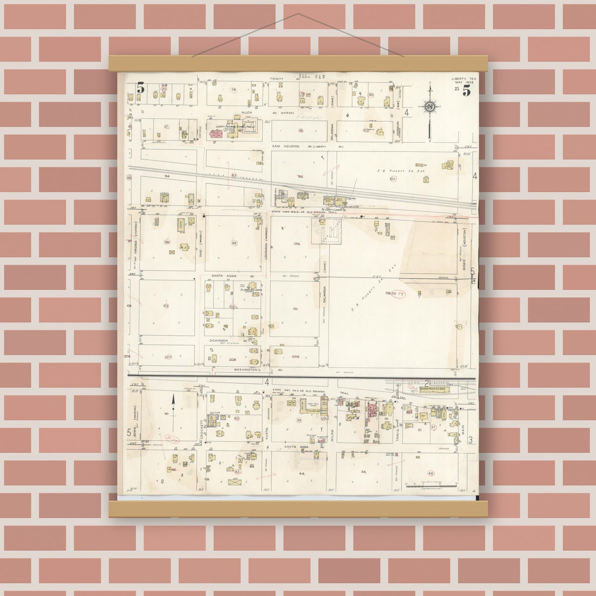 Old map wall art mockup — magnetic wood frame on brick wall — Sanborn Fire Insurance Map from Liberty, Liberty County, Texas (1945), Sheet #0005
