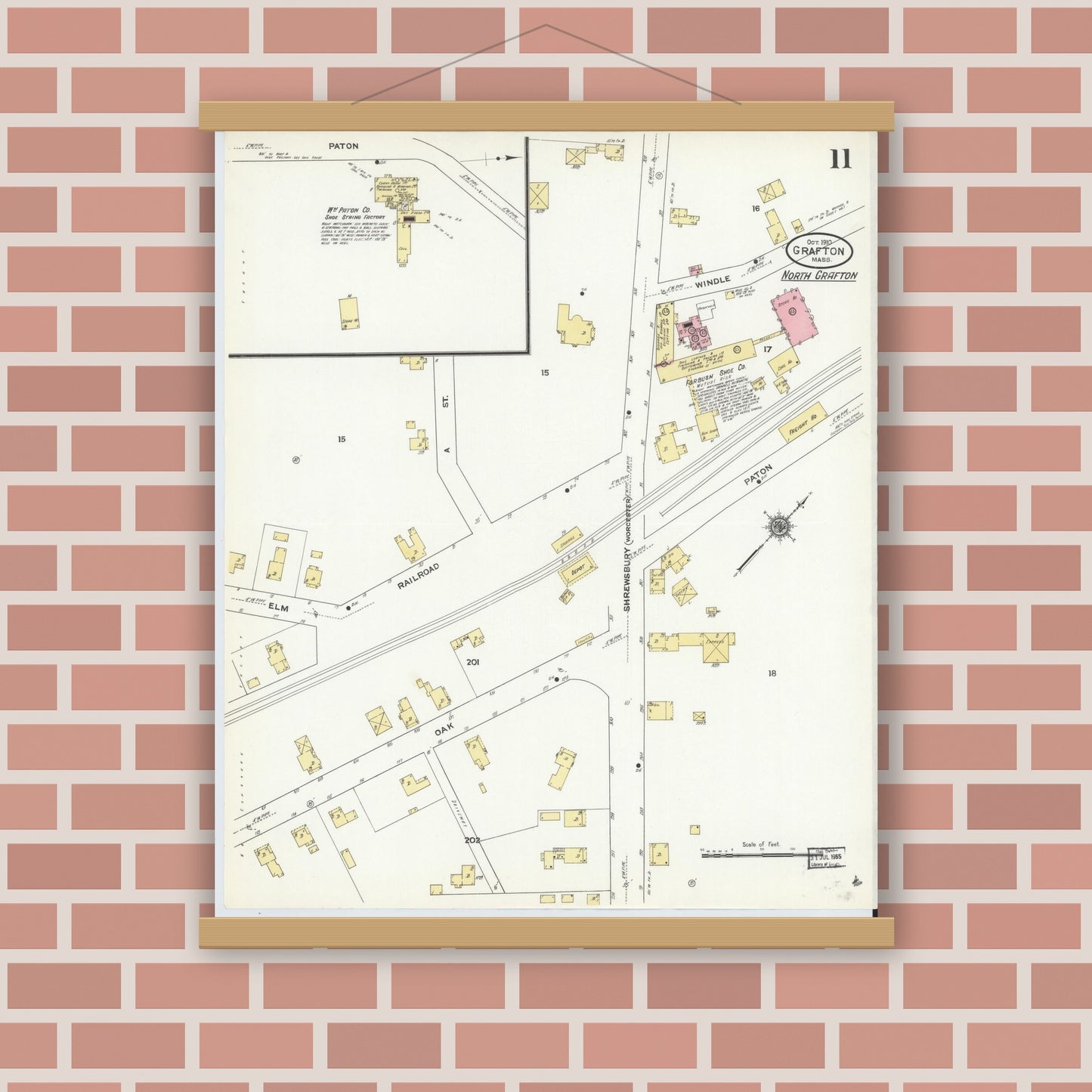 Old map wall art mockup — magnetic wood frame on brick wall — Sanborn Fire Insurance Map from Grafton, Worcester County, Massachusetts (1910), Sheet #0011