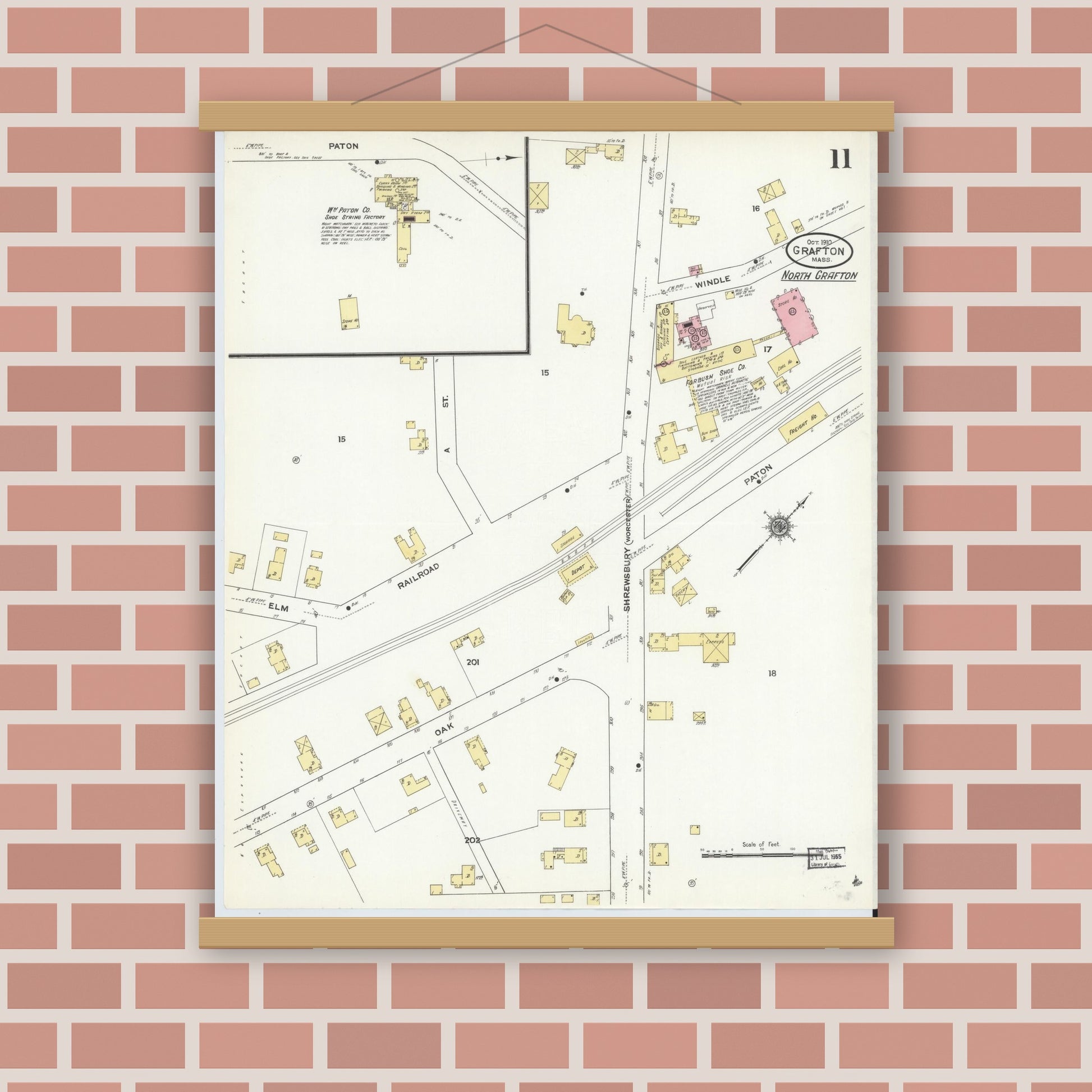 Old map wall art mockup — magnetic wood frame on brick wall — Sanborn Fire Insurance Map from Grafton, Worcester County, Massachusetts (1910), Sheet #0011