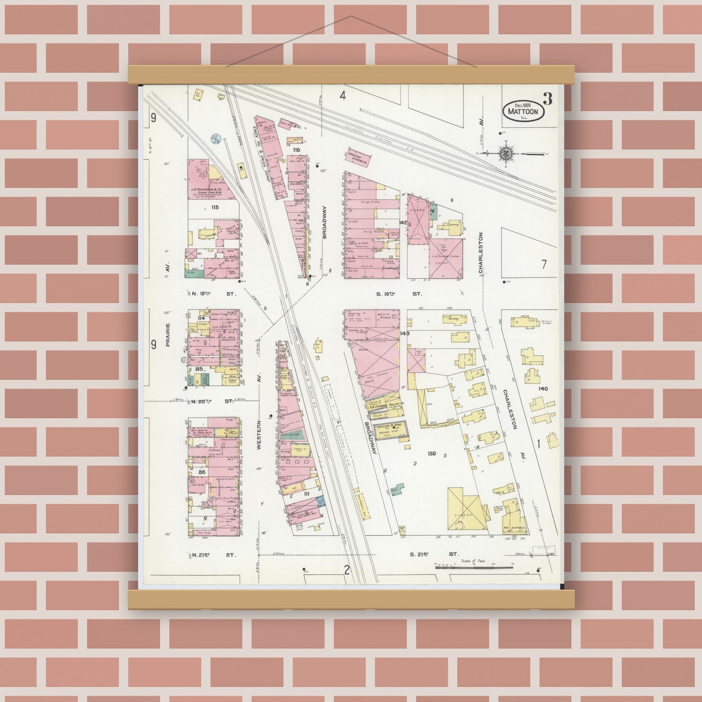 Old map wall art mockup — magnetic wood frame on brick wall — Sanborn Fire Insurance Map from Mattoon, Coles County, Illinois (1909), Sheet #0003