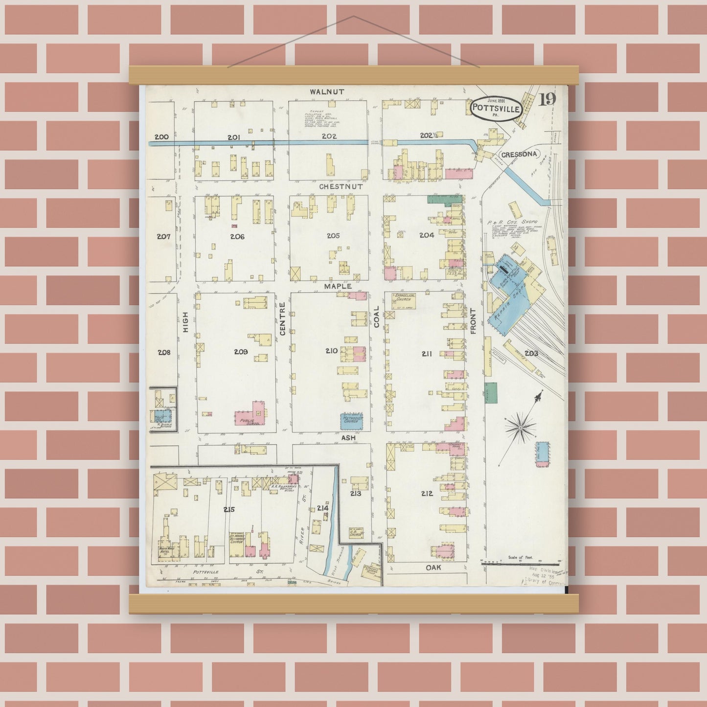 Old map wall art mockup — magnetic wood frame on brick wall — Sanborn Fire Insurance Map from Pottsville, Schuylkill County, Pennsylvania (1891), Sheet #0019