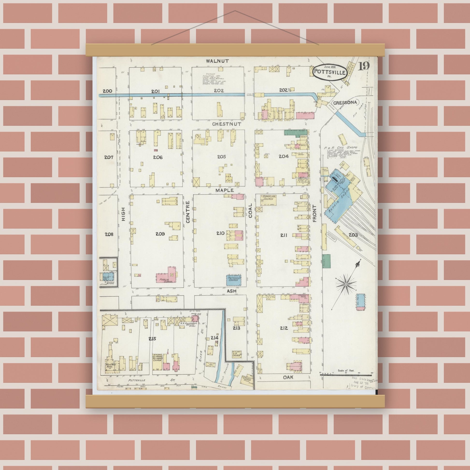 Old map wall art mockup — magnetic wood frame on brick wall — Sanborn Fire Insurance Map from Pottsville, Schuylkill County, Pennsylvania (1891), Sheet #0019