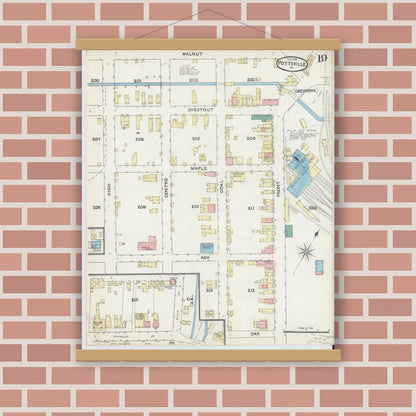 Old map wall art mockup — magnetic wood frame on brick wall — Sanborn Fire Insurance Map from Pottsville, Schuylkill County, Pennsylvania (1891), Sheet #0019