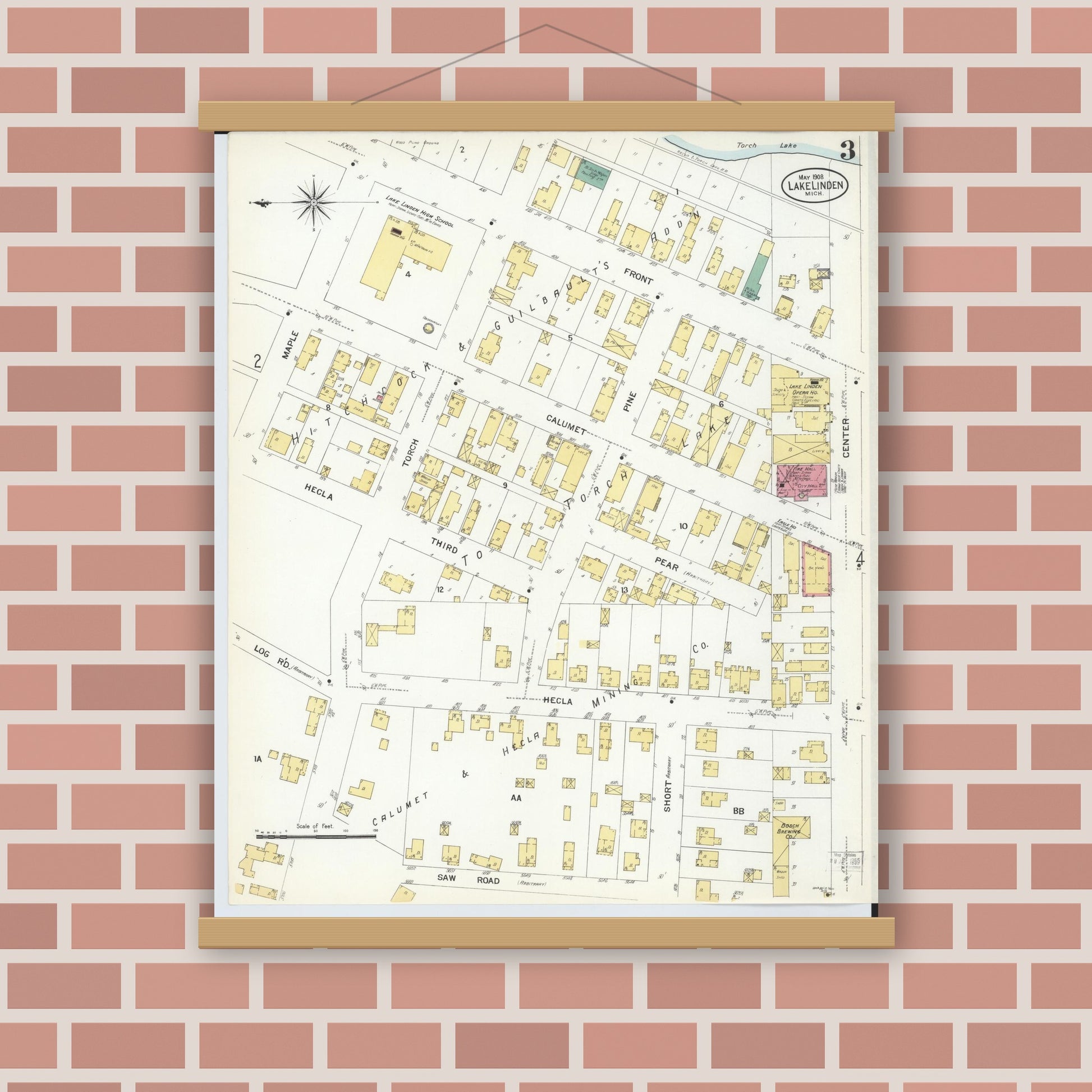 Old map wall art mockup — magnetic wood frame on brick wall — Sanborn Fire Insurance Map from Lake Linden, Houghton County, Michigan (1908), Sheet #0003