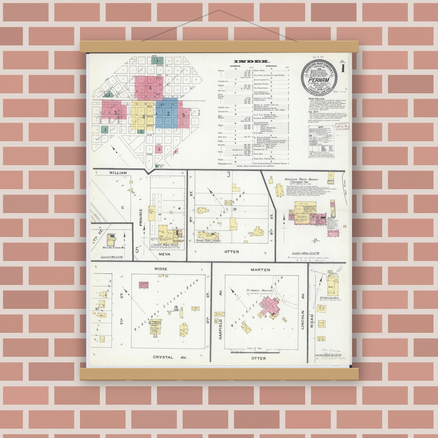 Old map wall art mockup — magnetic wood frame on brick wall — Sanborn Fire Insurance Map from Perham, Otter Tail County, Minnesota (1909) - Complete Map Set