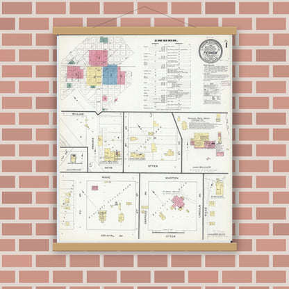 Old map wall art mockup — magnetic wood frame on brick wall — Sanborn Fire Insurance Map from Perham, Otter Tail County, Minnesota (1909) - Complete Map Set