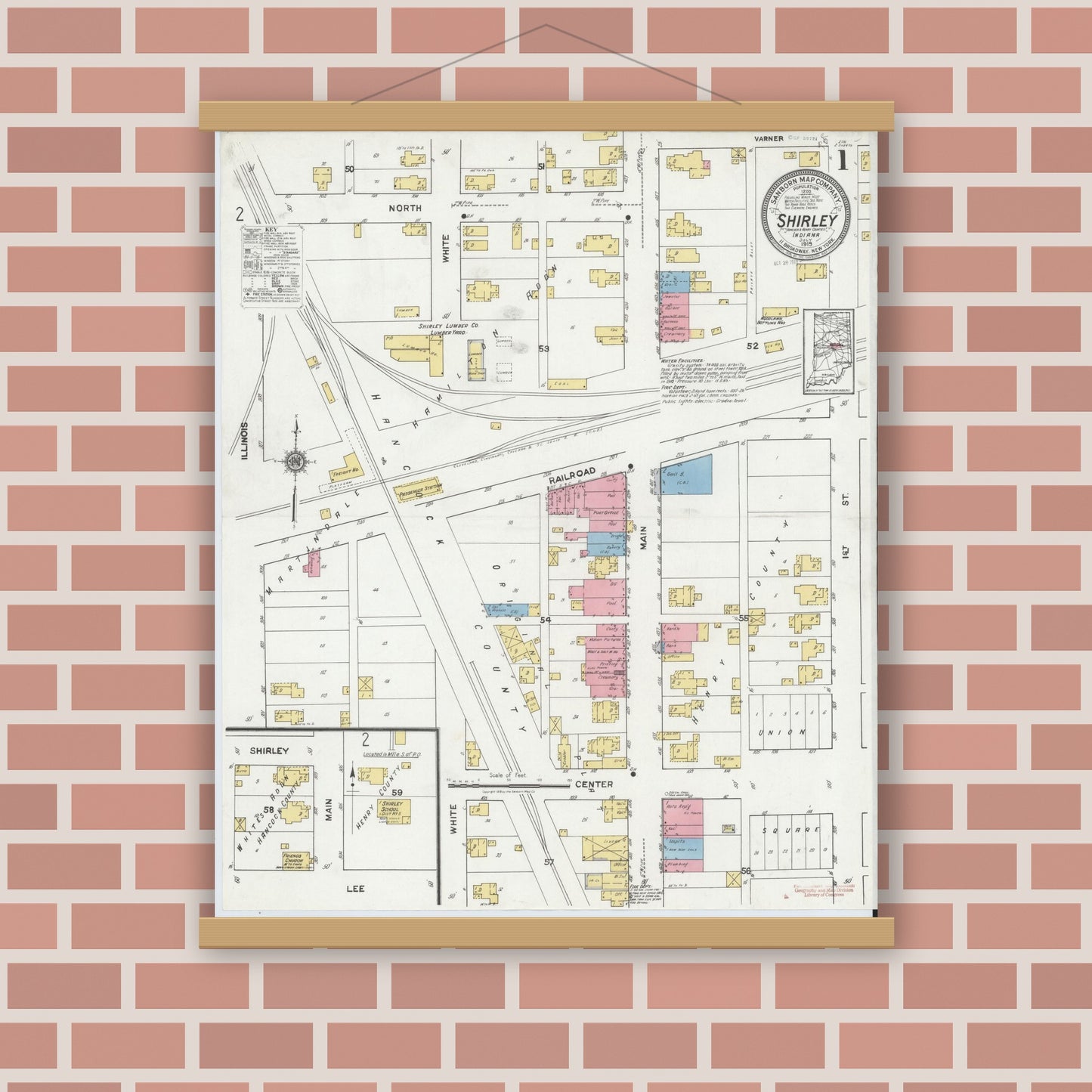 Old map wall art mockup — magnetic wood frame on brick wall — Sanborn Fire Insurance Map from Shirley, Hancock And Henry Counties, Indiana (1919) - Complete Map Set