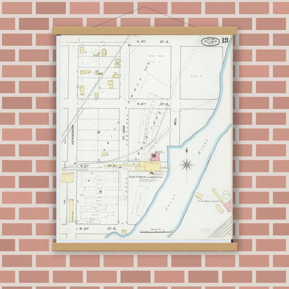 Old map wall art mockup — magnetic wood frame on brick wall — Sanborn Fire Insurance Map from Flint, Genesee County, Michigan (1892), Sheet #0013