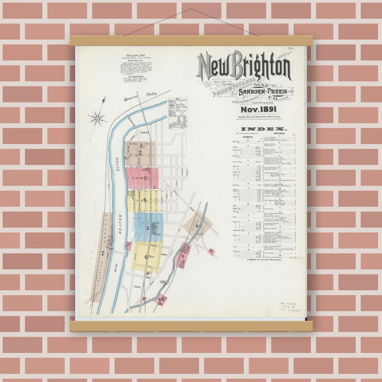 Old map wall art mockup — magnetic wood frame on brick wall — Sanborn Fire Insurance Map from New Brighton, Beaver County, Pennsylvania (1891) - Complete Map Set