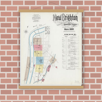 Old map wall art mockup — magnetic wood frame on brick wall — Sanborn Fire Insurance Map from New Brighton, Beaver County, Pennsylvania (1891) - Complete Map Set