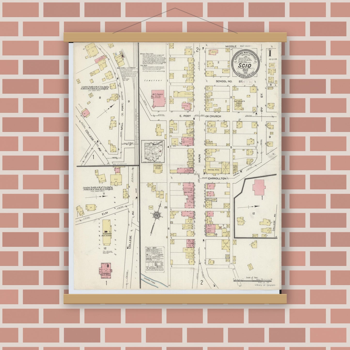 Old map wall art mockup — magnetic wood frame on brick wall — Sanborn Fire Insurance Map from Scio, Harrison County, Ohio (1915) - Complete Map Set