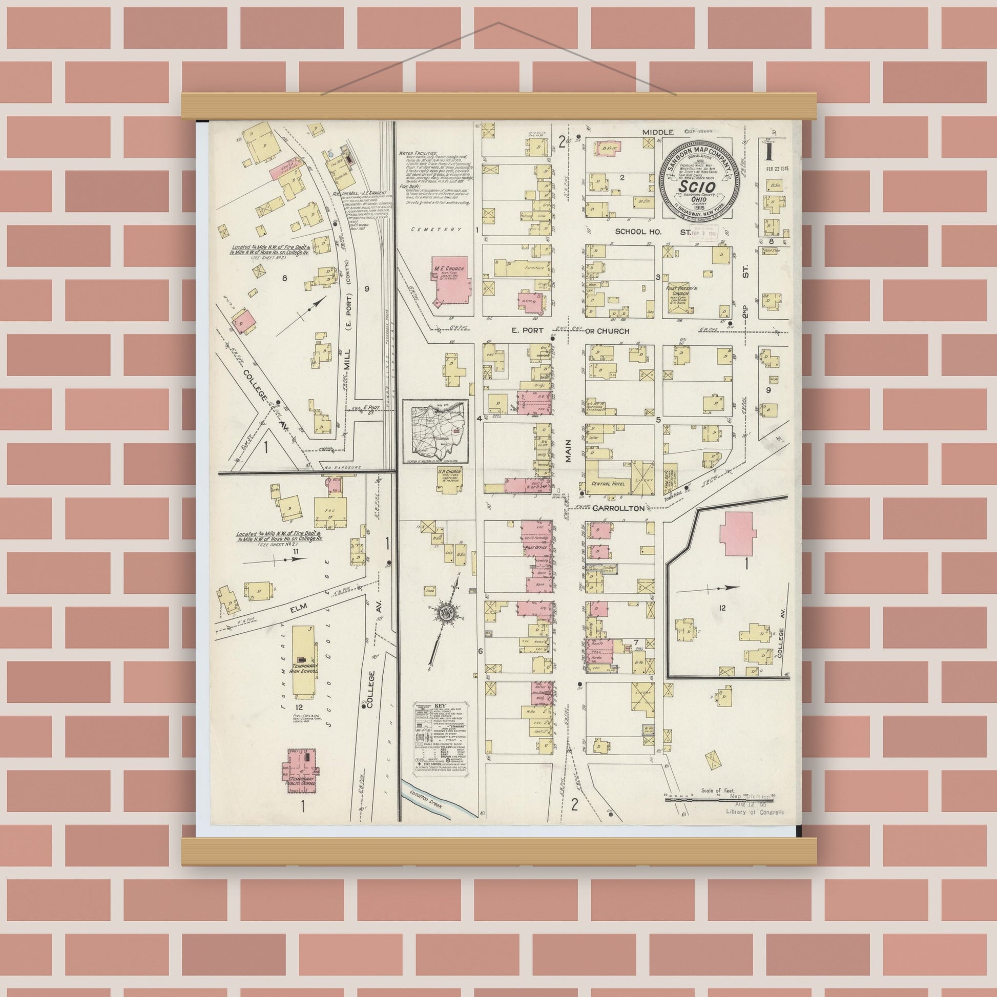 Old map wall art mockup — magnetic wood frame on brick wall — Sanborn Fire Insurance Map from Scio, Harrison County, Ohio (1915) - Complete Map Set