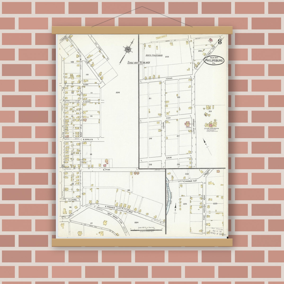 Old map wall art mockup — magnetic wood frame on brick wall — Sanborn Fire Insurance Map from Philipsburg, Centre County, Pennsylvania (1917), Sheet #0008