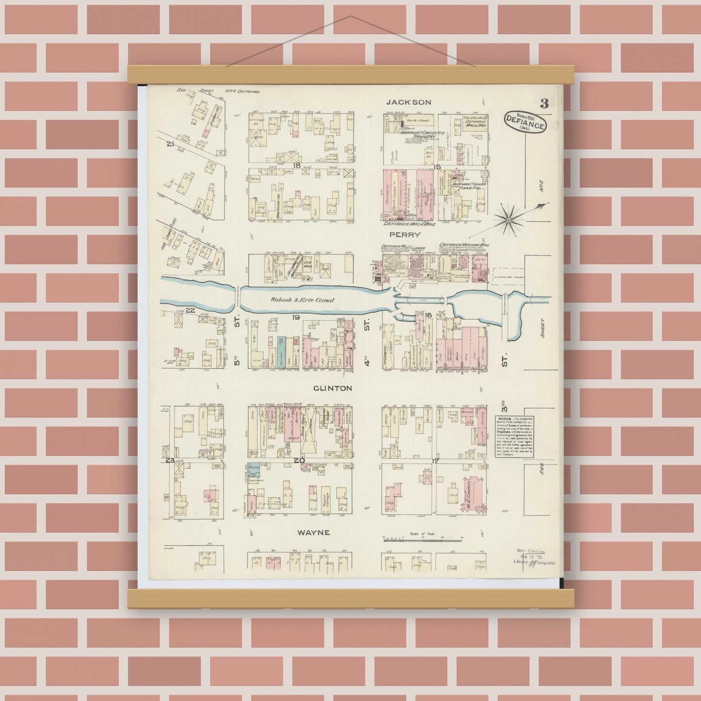 Old map wall art mockup — magnetic wood frame on brick wall — Sanborn Fire Insurance Map from Defiance, Defiance County, Ohio (1884), Sheet #0003