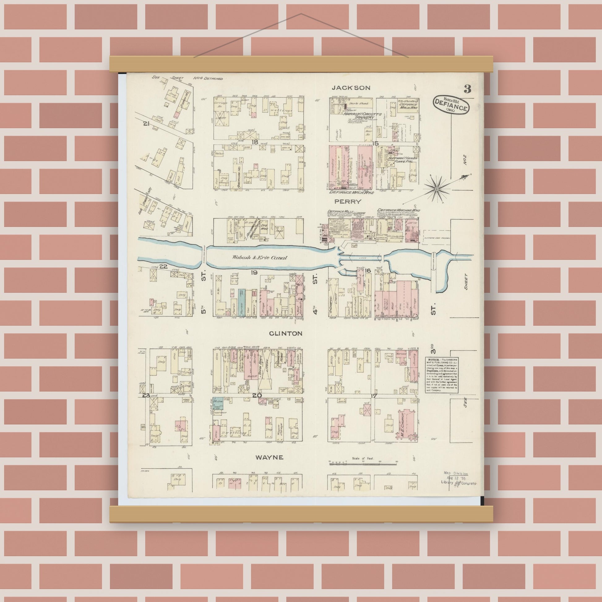 Old map wall art mockup — magnetic wood frame on brick wall — Sanborn Fire Insurance Map from Defiance, Defiance County, Ohio (1884), Sheet #0003