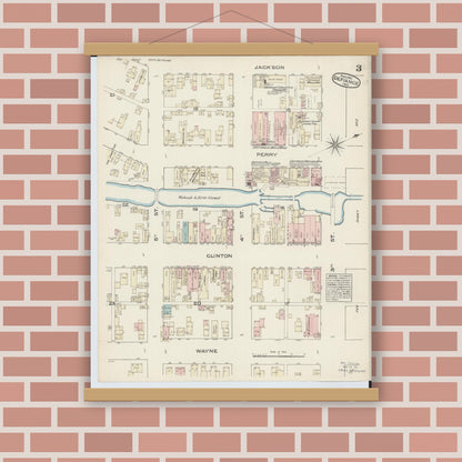Old map wall art mockup — magnetic wood frame on brick wall — Sanborn Fire Insurance Map from Defiance, Defiance County, Ohio (1884), Sheet #0003