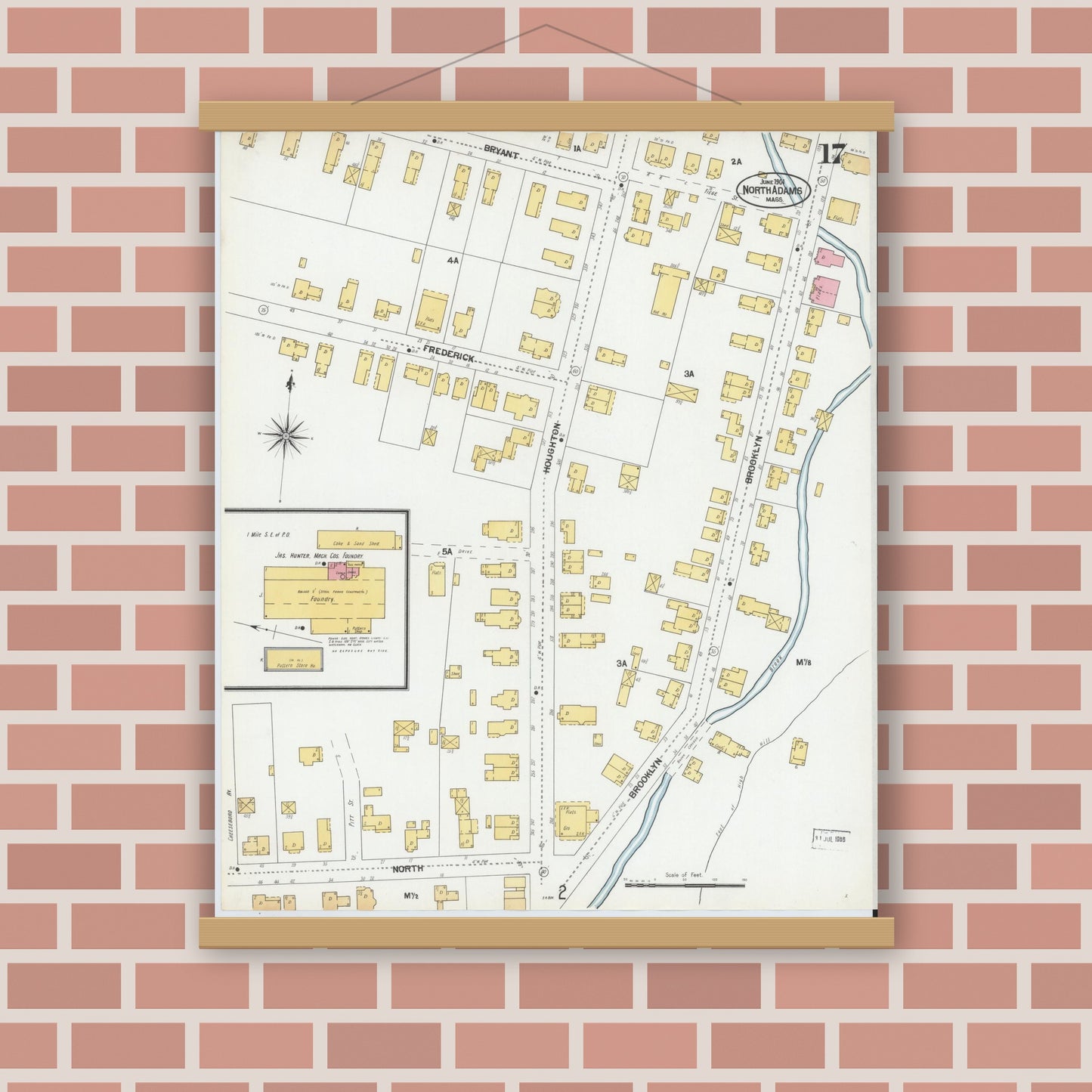 Old map wall art mockup — magnetic wood frame on brick wall — Sanborn Fire Insurance Map from North Adams, Berkshire County, Massachusetts (1901), Sheet #0017