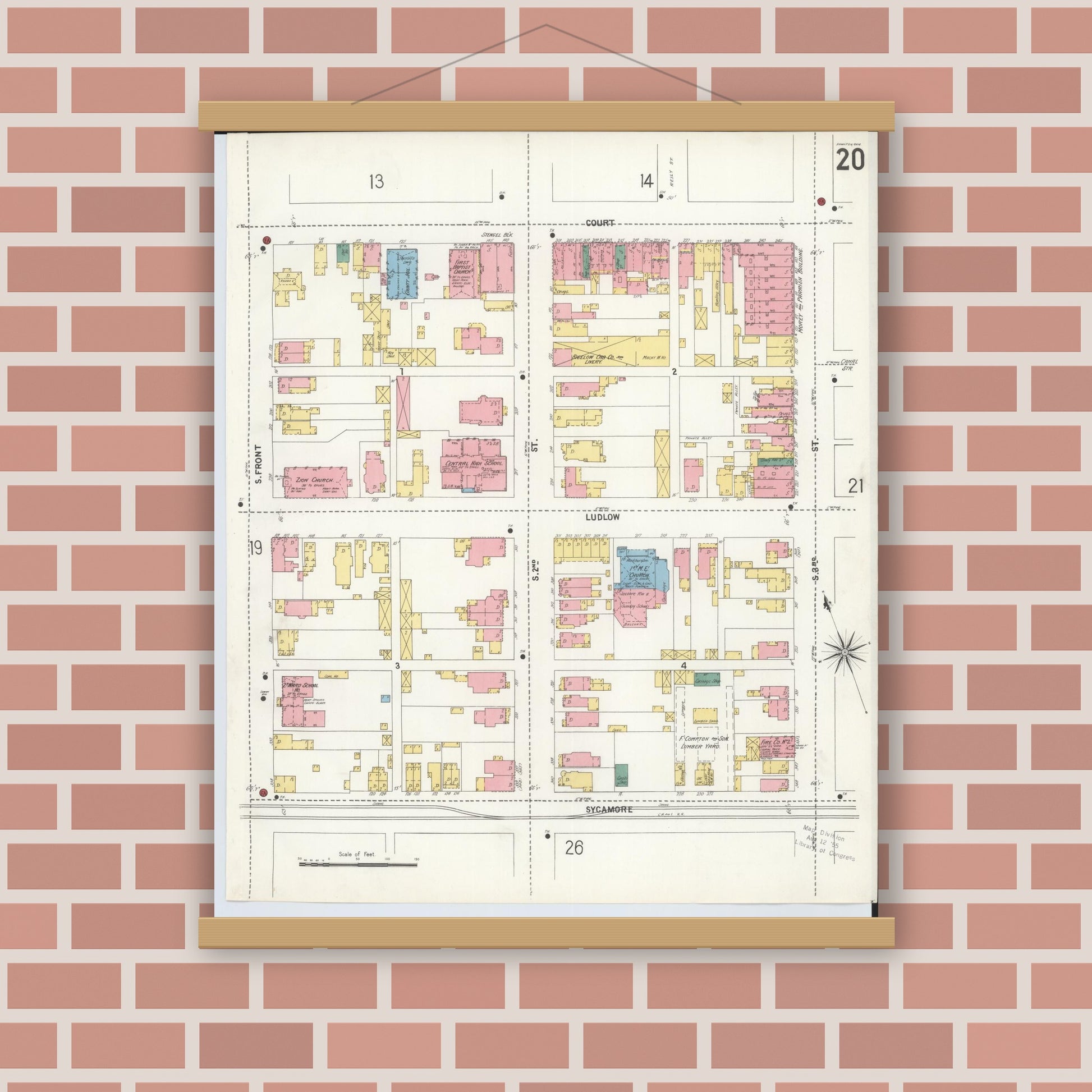Old map wall art mockup — magnetic wood frame on brick wall — Sanborn Fire Insurance Map from Hamilton, Butler County, Ohio (1899), Sheet #0020