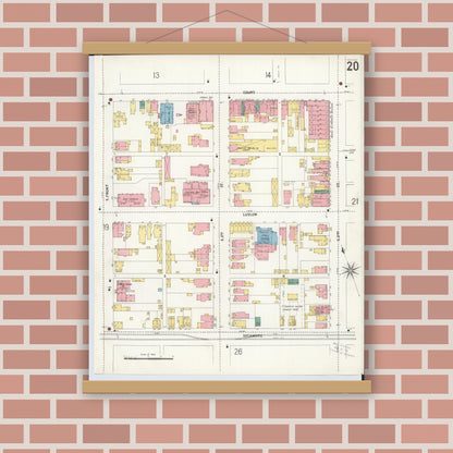 Old map wall art mockup — magnetic wood frame on brick wall — Sanborn Fire Insurance Map from Hamilton, Butler County, Ohio (1899), Sheet #0020