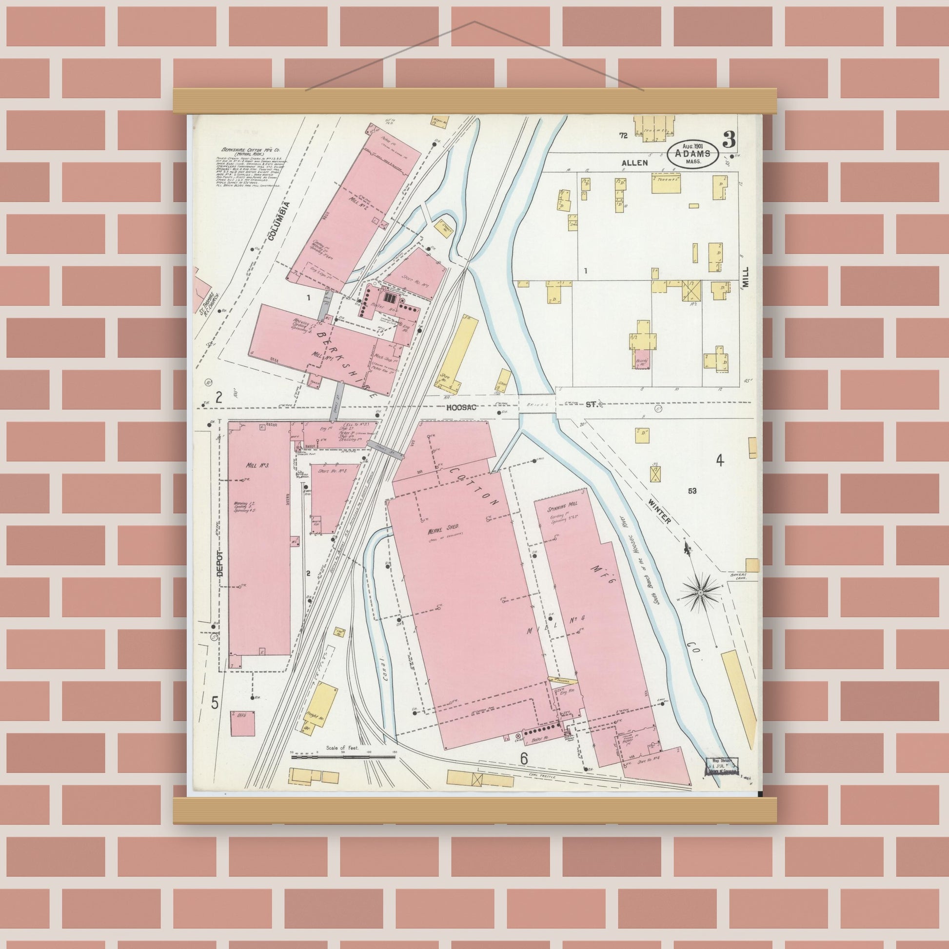 Old map wall art mockup — magnetic wood frame on brick wall — Sanborn Fire Insurance Map from Adams, Berkshire County, Massachusetts (1901), Sheet #0003