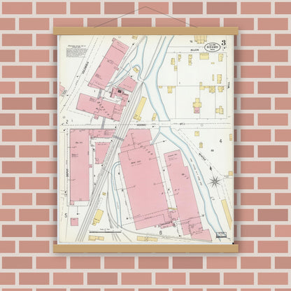 Old map wall art mockup — magnetic wood frame on brick wall — Sanborn Fire Insurance Map from Adams, Berkshire County, Massachusetts (1901), Sheet #0003