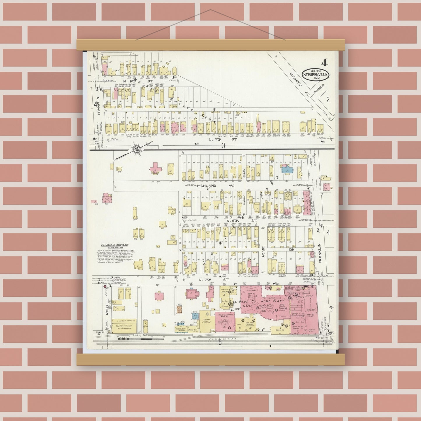 Old map wall art mockup — magnetic wood frame on brick wall — Sanborn Fire Insurance Map from Steubenville, Jefferson County, Ohio (1913), Sheet #0004