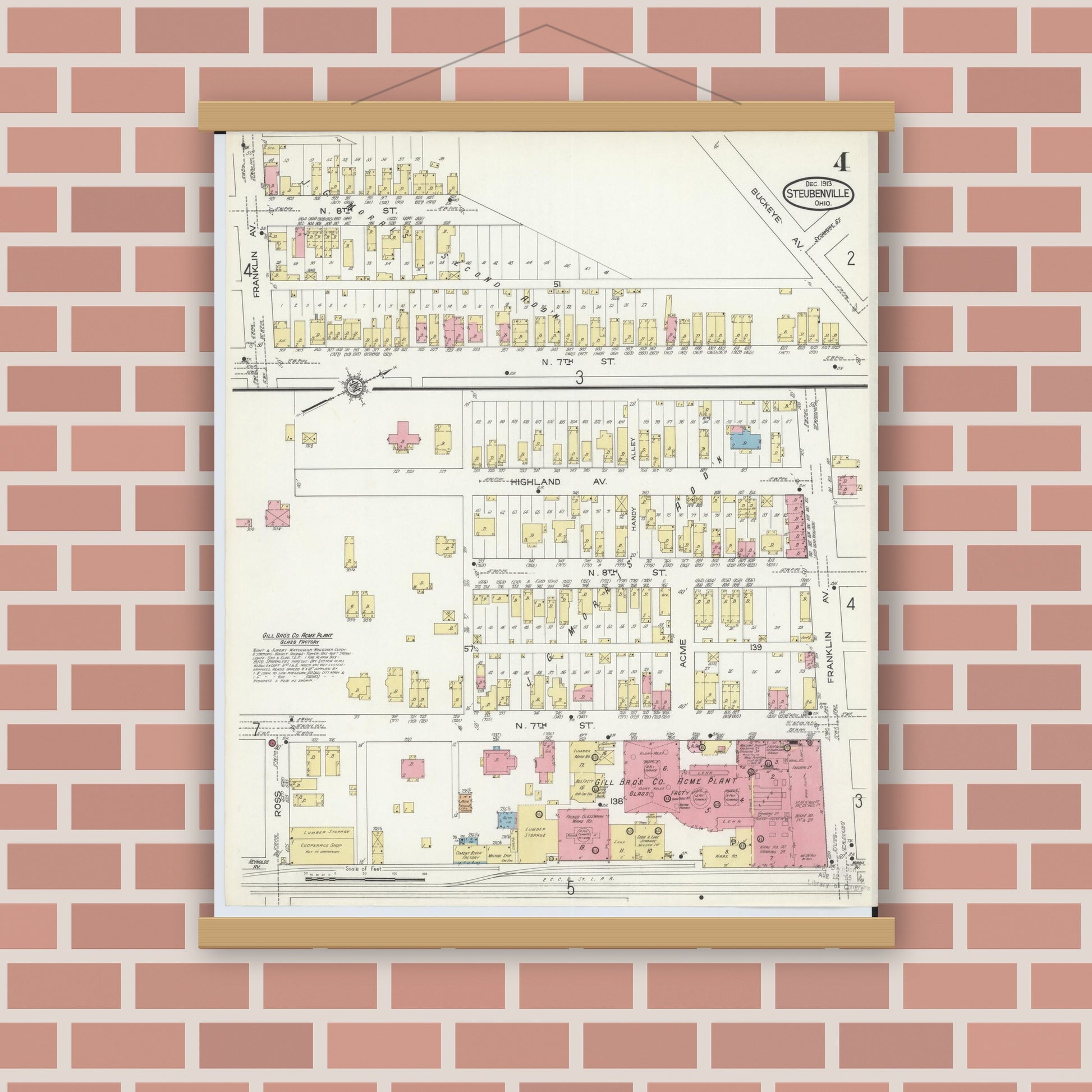 Old map wall art mockup — magnetic wood frame on brick wall — Sanborn Fire Insurance Map from Steubenville, Jefferson County, Ohio (1913), Sheet #0004