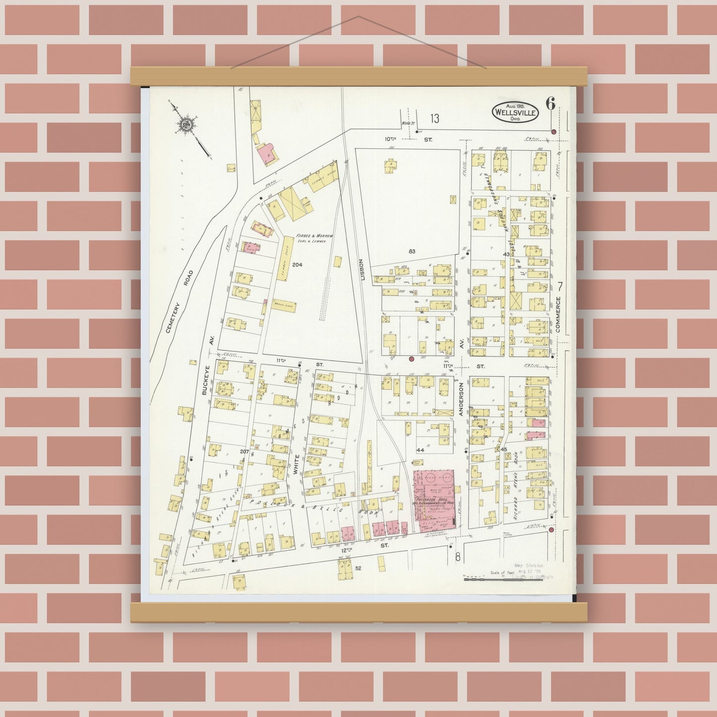 Old map wall art mockup — magnetic wood frame on brick wall — Sanborn Fire Insurance Map from Wellsville, Columbiana County, Ohio (1915), Sheet #0006