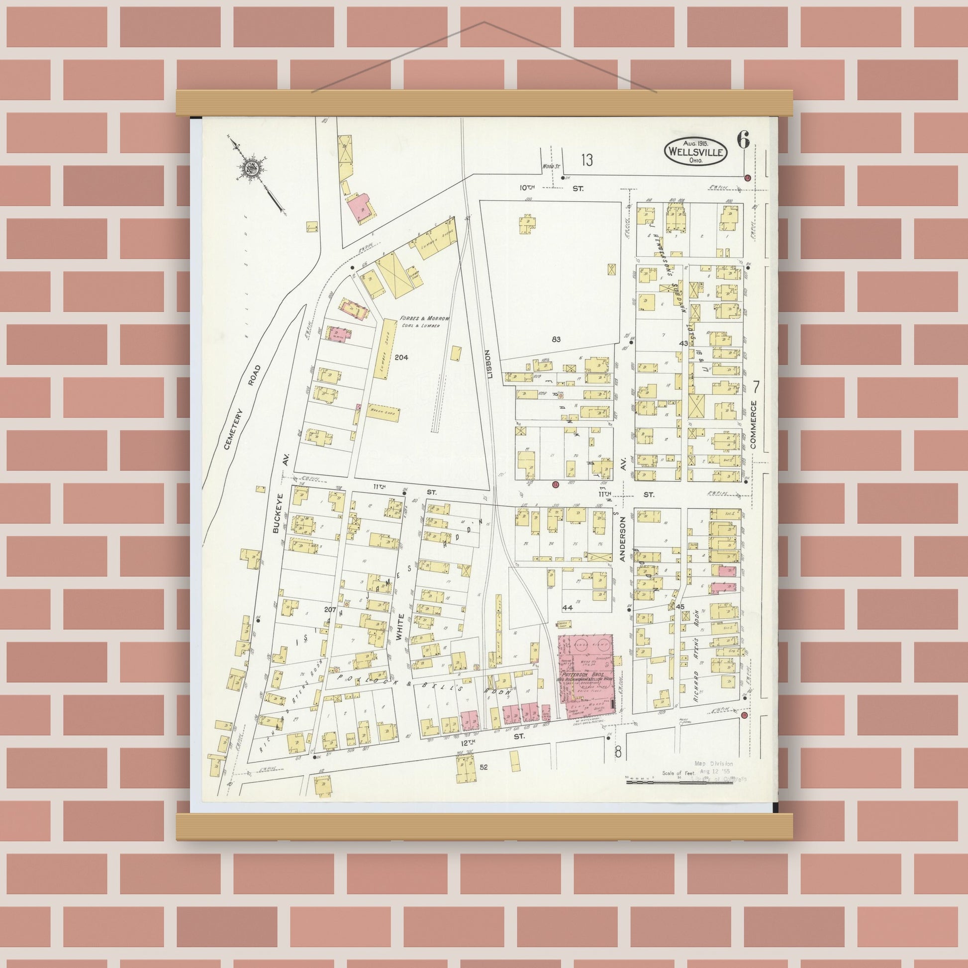 Old map wall art mockup — magnetic wood frame on brick wall — Sanborn Fire Insurance Map from Wellsville, Columbiana County, Ohio (1915), Sheet #0006