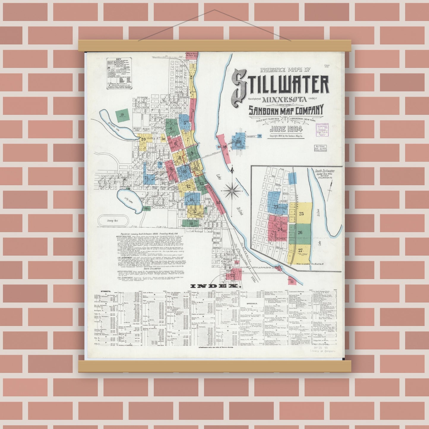 Old map wall art mockup — magnetic wood frame on brick wall — Sanborn Fire Insurance Map from Stillwater, Washington County, Minnesota (1904) - Complete Map Set