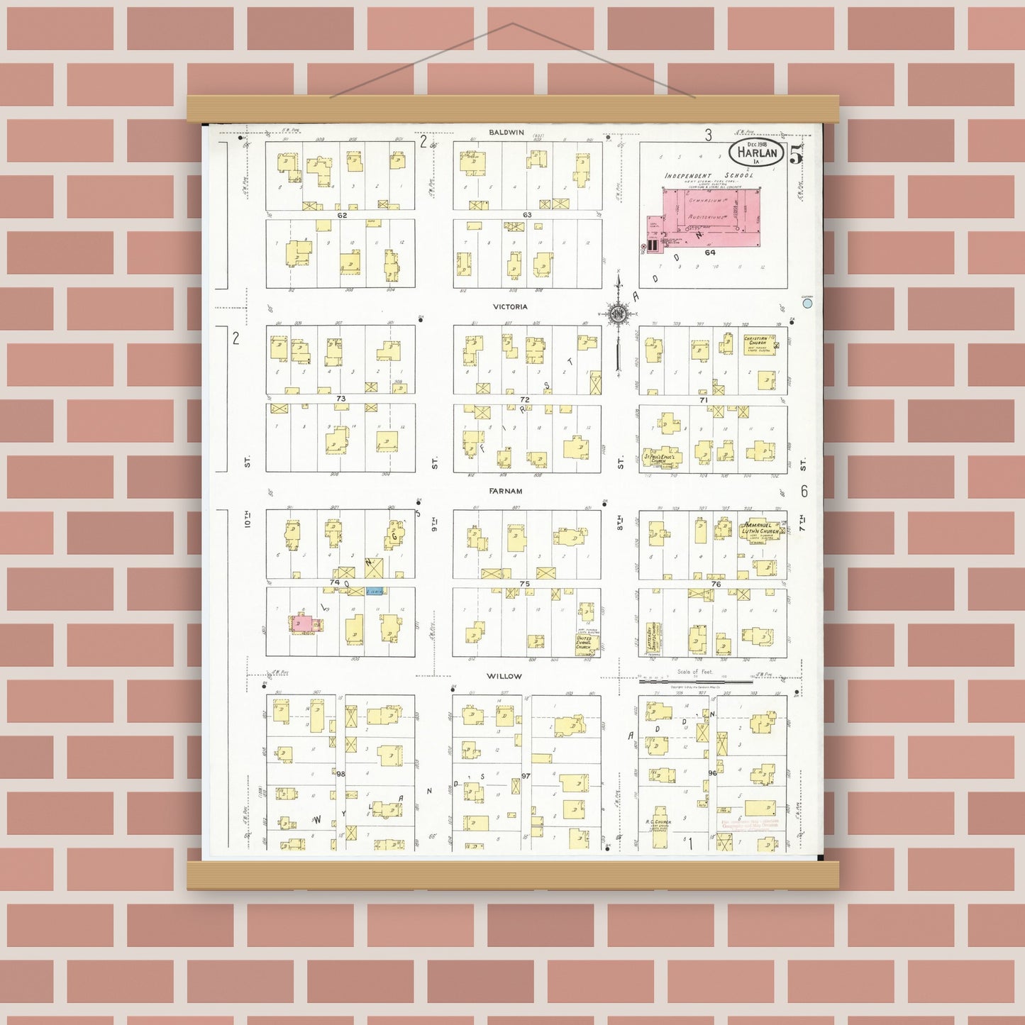 Old map wall art mockup — magnetic wood frame on brick wall — Sanborn Fire Insurance Map from Harlan, Shelby County, Iowa (1918), Sheet #0005