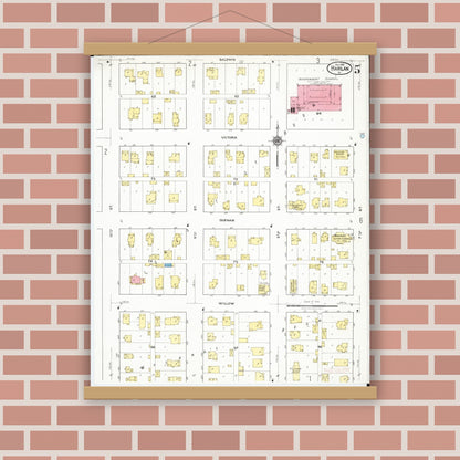 Old map wall art mockup — magnetic wood frame on brick wall — Sanborn Fire Insurance Map from Harlan, Shelby County, Iowa (1918), Sheet #0005