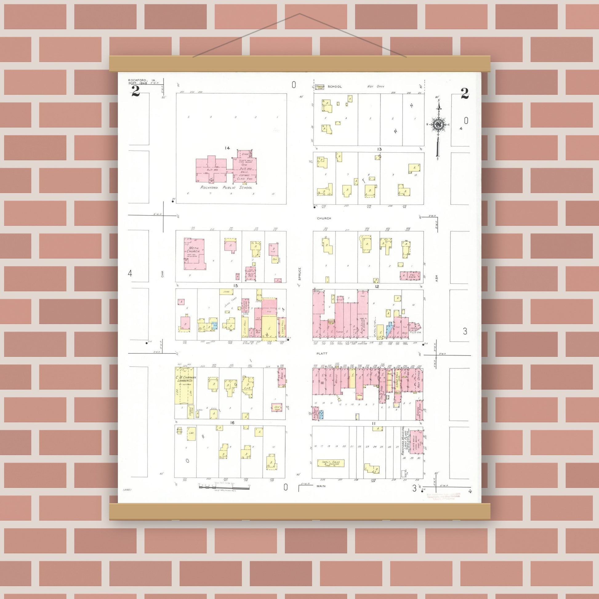 Old map wall art mockup — magnetic wood frame on brick wall — Sanborn Fire Insurance Map from Rockford, Floyd County, Iowa (1948), Sheet #0002