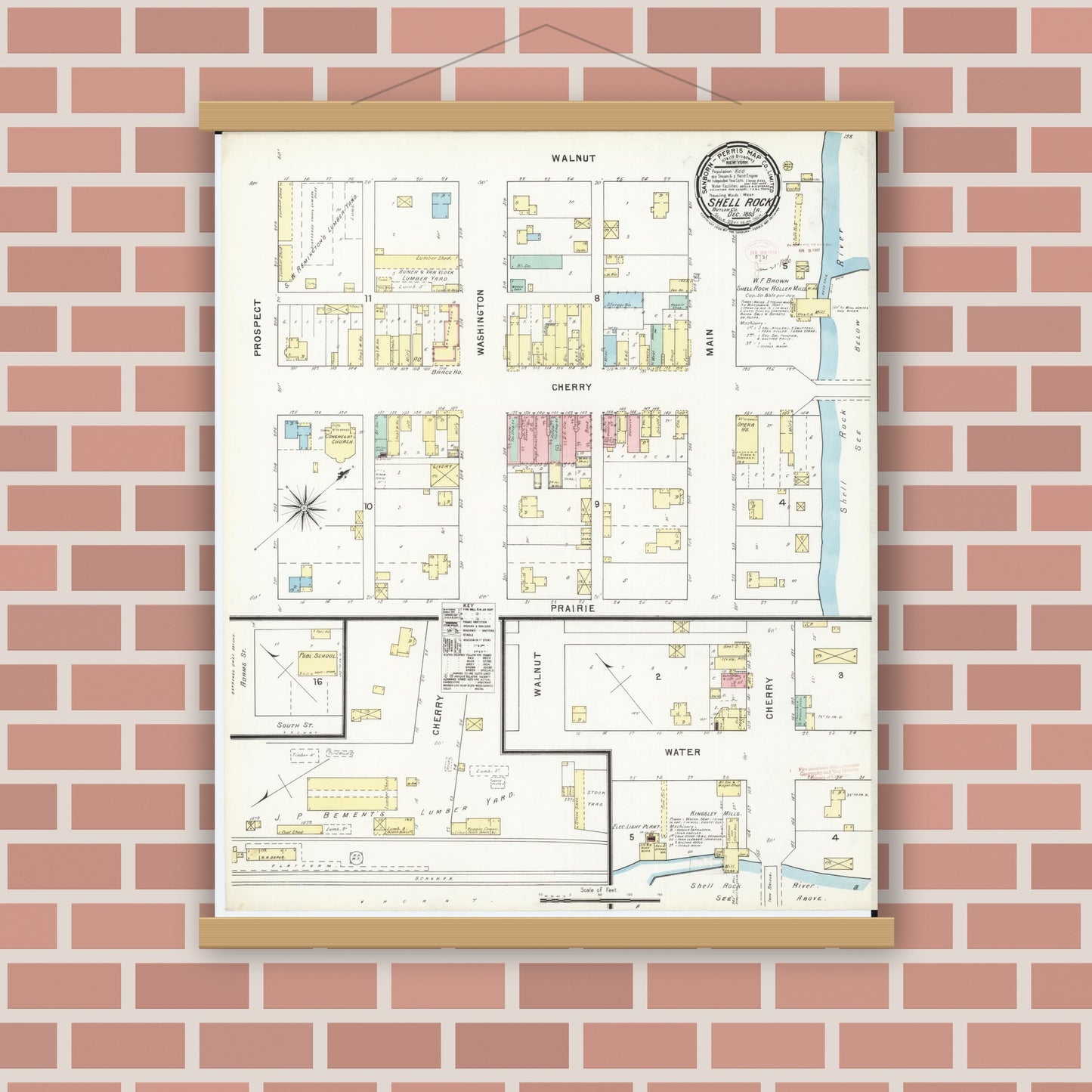 Old map wall art mockup — magnetic wood frame on brick wall — Sanborn Fire Insurance Map from Shell Rock, Butler County, Iowa (1895), Sheet #0001