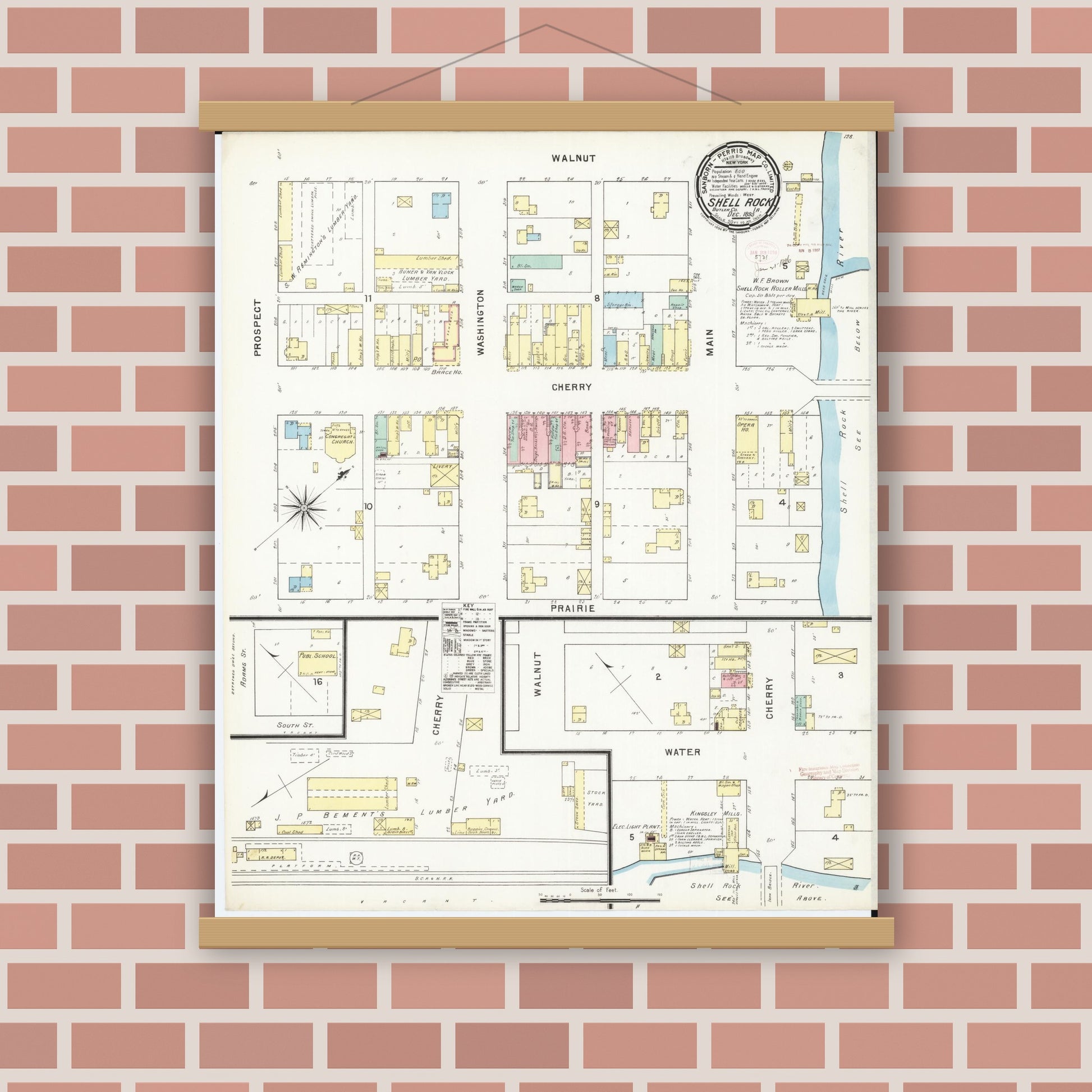 Old map wall art mockup — magnetic wood frame on brick wall — Sanborn Fire Insurance Map from Shell Rock, Butler County, Iowa (1895), Sheet #0001
