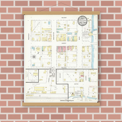 Old map wall art mockup — magnetic wood frame on brick wall — Sanborn Fire Insurance Map from Shell Rock, Butler County, Iowa (1895), Sheet #0001